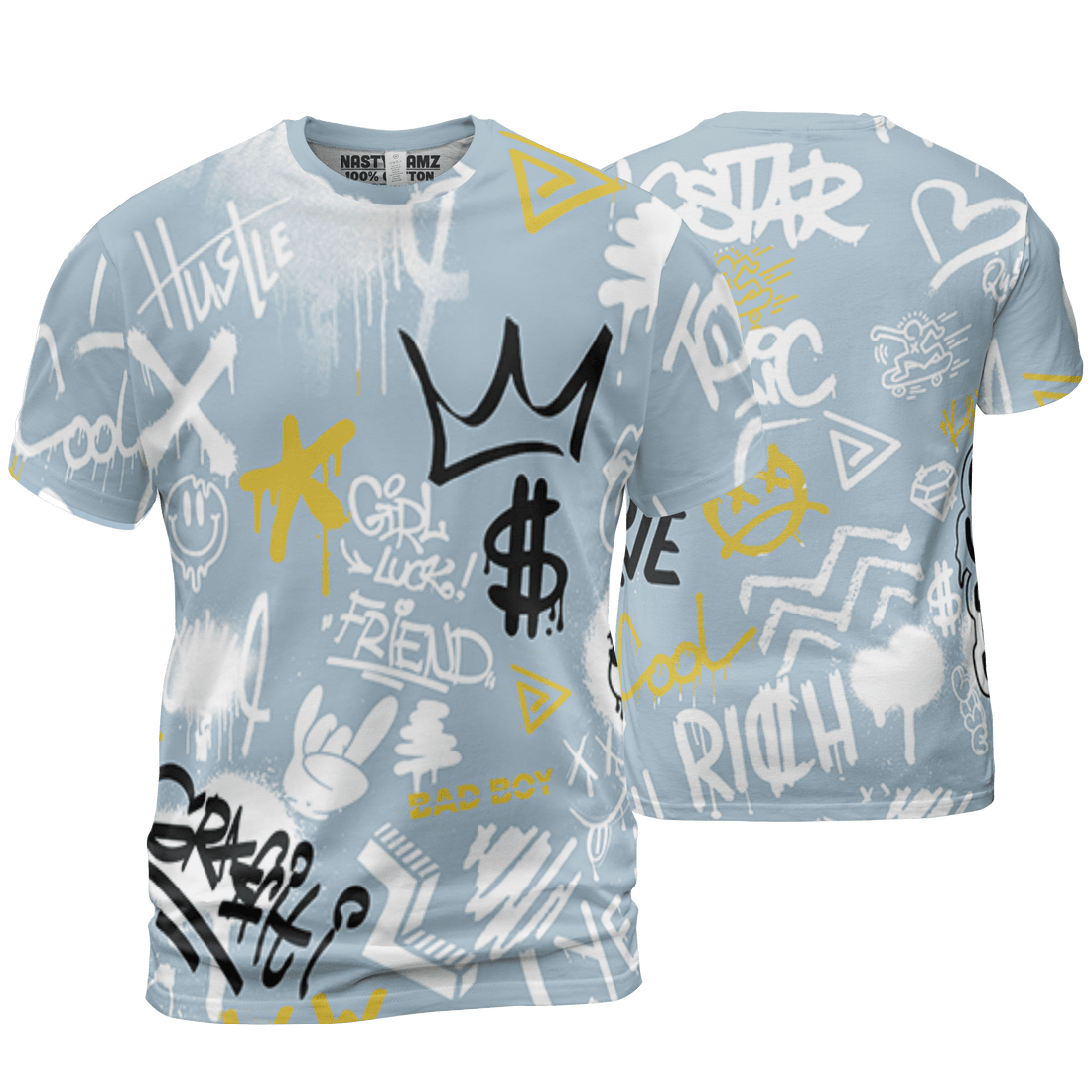 Blue Grey 13s T Shirt Match Graffiti King 3D All-Over Print Doodle Style - NastyJamz
