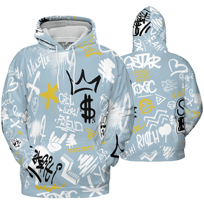 Blue Grey 13s Hoodie Match Graffiti King 3D All-Over Print Doodle Style - NastyJamz