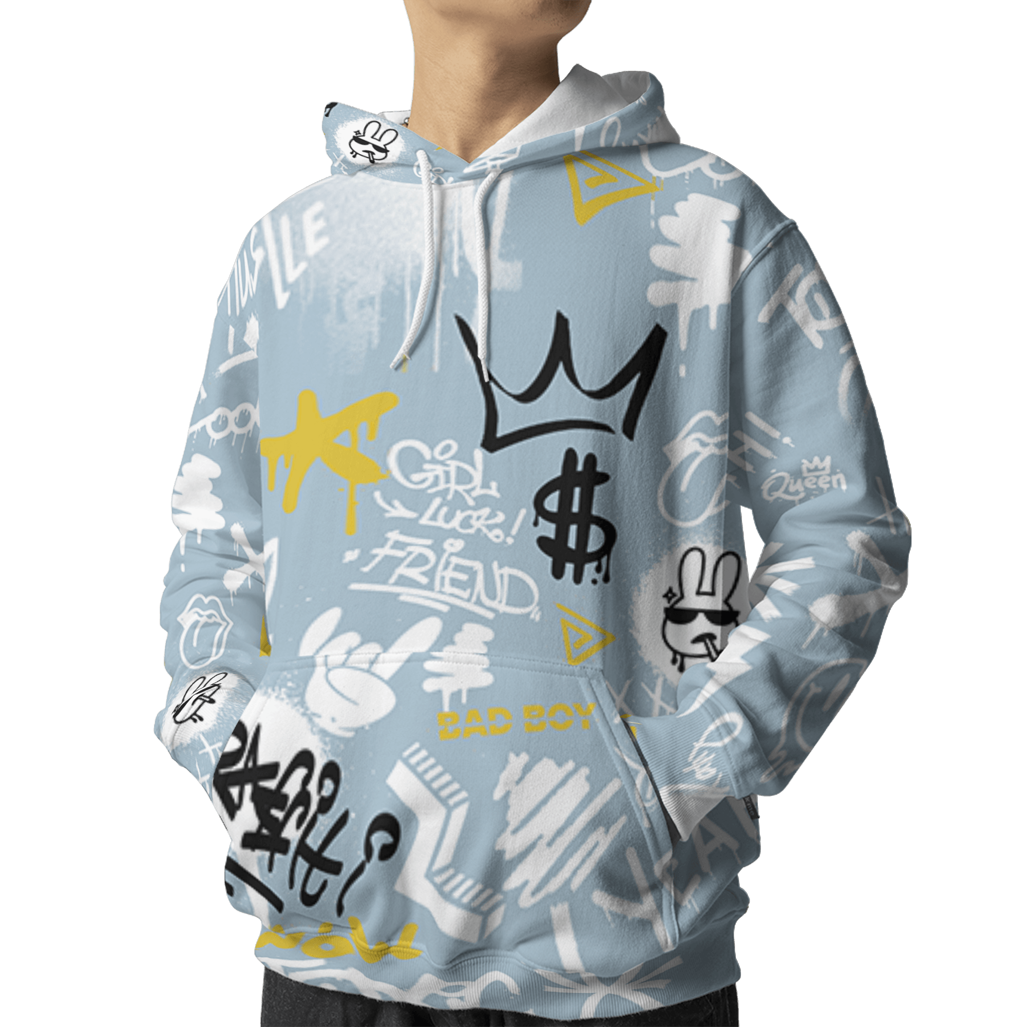 Blue Grey 13s Hoodie Match Graffiti King 3D All-Over Print Doodle Style - NastyJamz