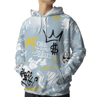 Blue Grey 13s Hoodie Match Graffiti King 3D All-Over Print Doodle Style - NastyJamz