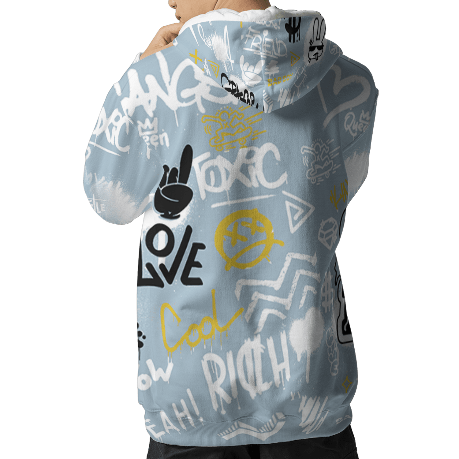 Blue Grey 13s Hoodie Match Graffiti King 3D All-Over Print Doodle Style - NastyJamz
