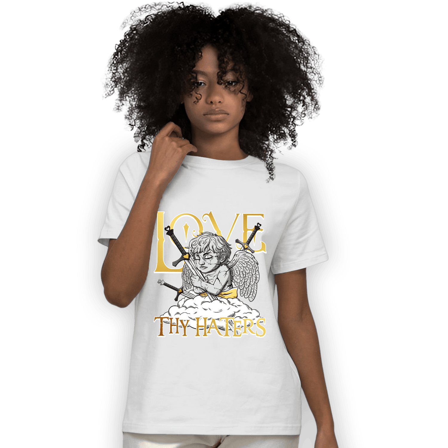 Mid SE Black Gold 1s T Shirt Match Love Thy Haters Angel - NastyJamz
