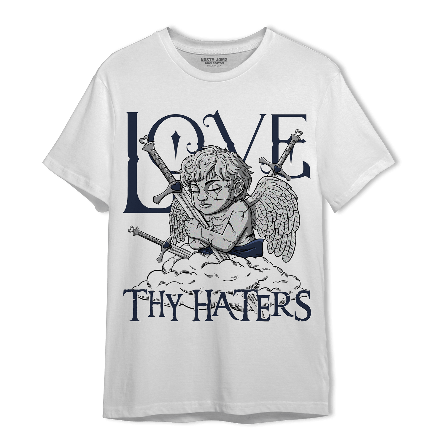 White Navy 3s T Shirt Match Love Thy Haters Angel - NastyJamz