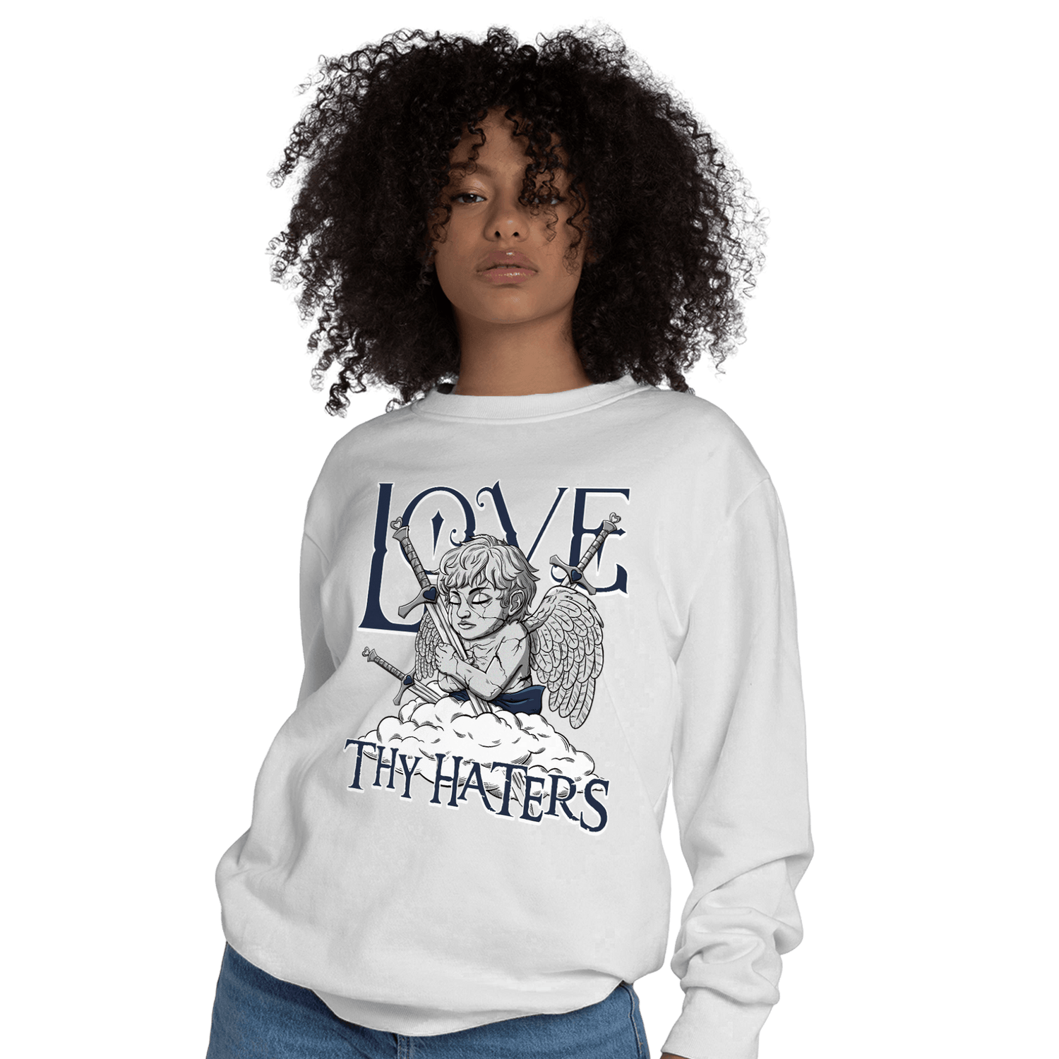 White Navy 3s Sweatshirt Match Love Thy Haters Angel - NastyJamz