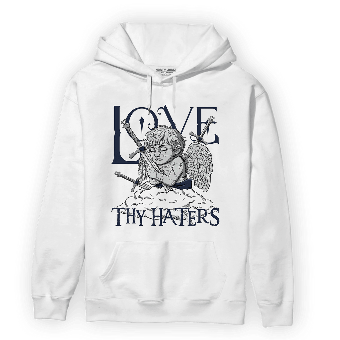 White Navy 3s Hoodie Match Love Thy Haters Angel - NastyJamz