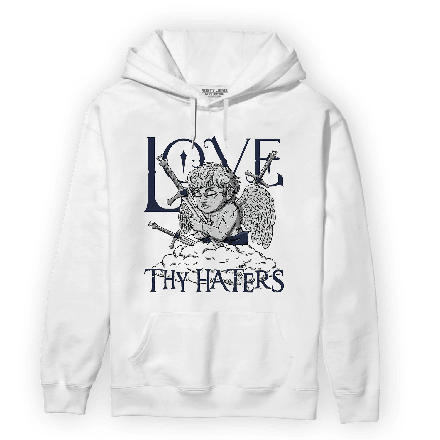 White Navy 3s Hoodie Match Love Thy Haters Angel - NastyJamz