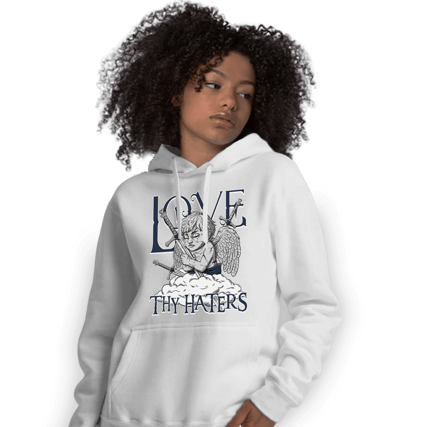 White Navy 3s Hoodie Match Love Thy Haters Angel - NastyJamz