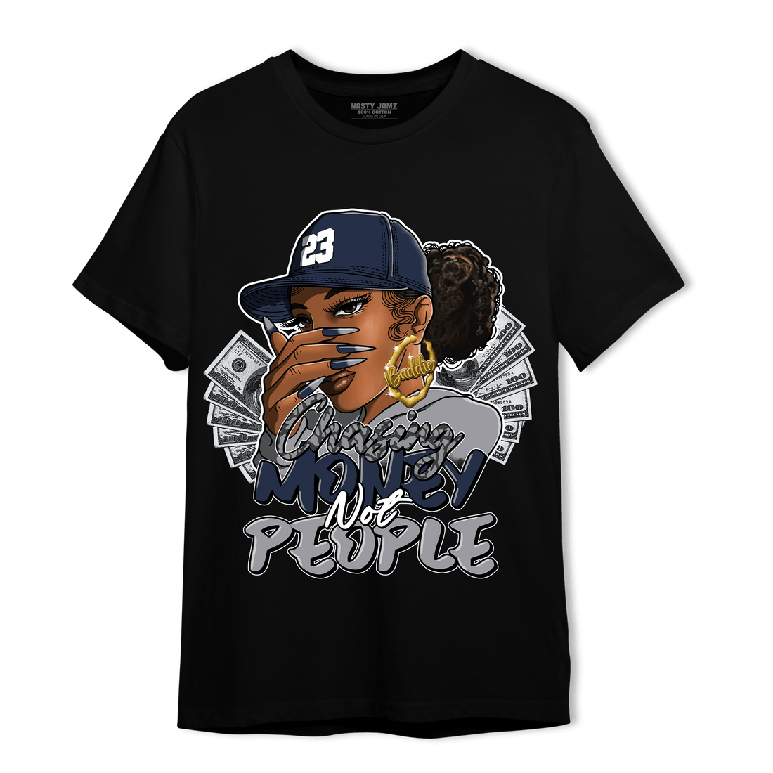 White Navy 3s T Shirt Match Melanin Chasing Money - NastyJamz