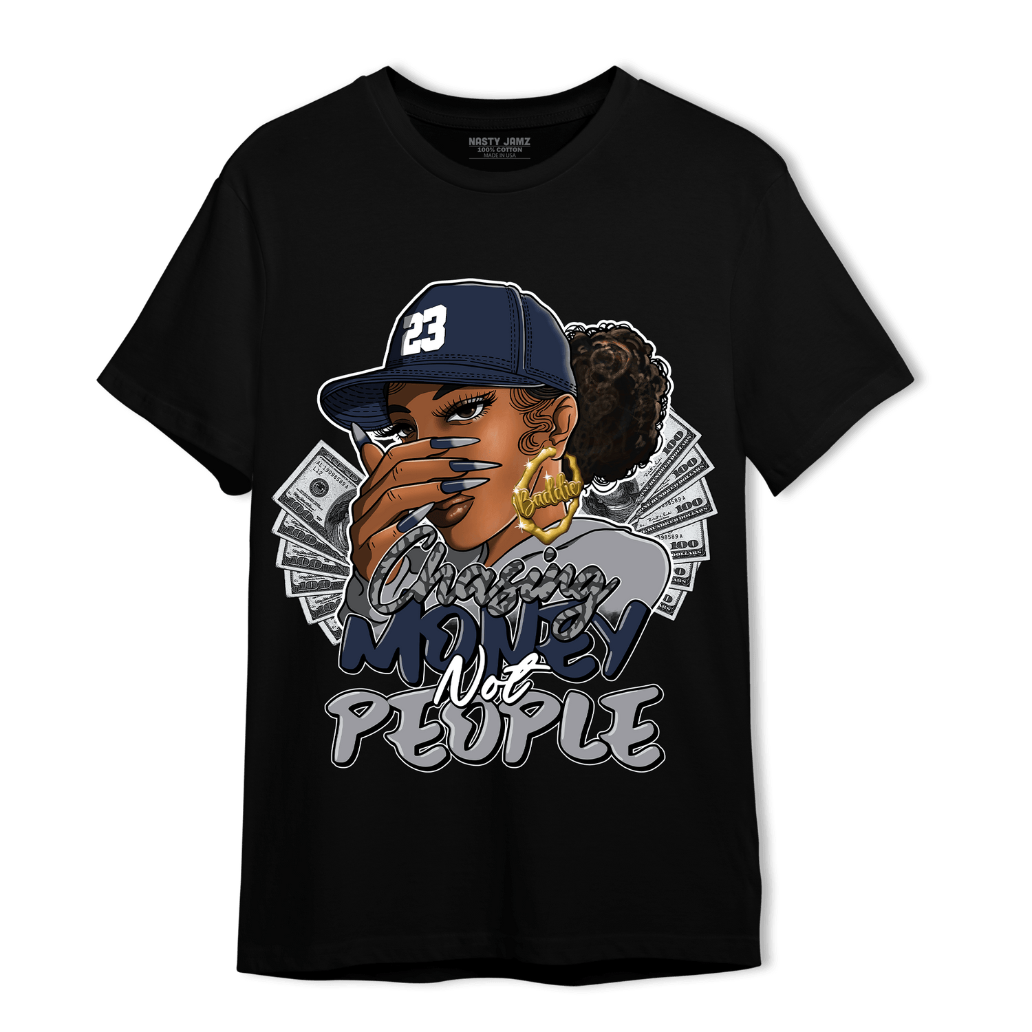 White Navy 3s T Shirt Match Melanin Chasing Money - NastyJamz