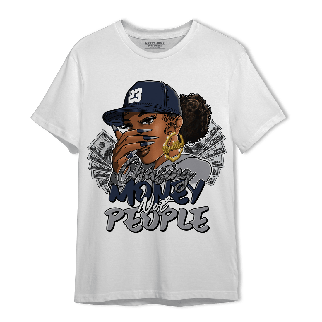 White Navy 3s T Shirt Match Melanin Chasing Money - NastyJamz