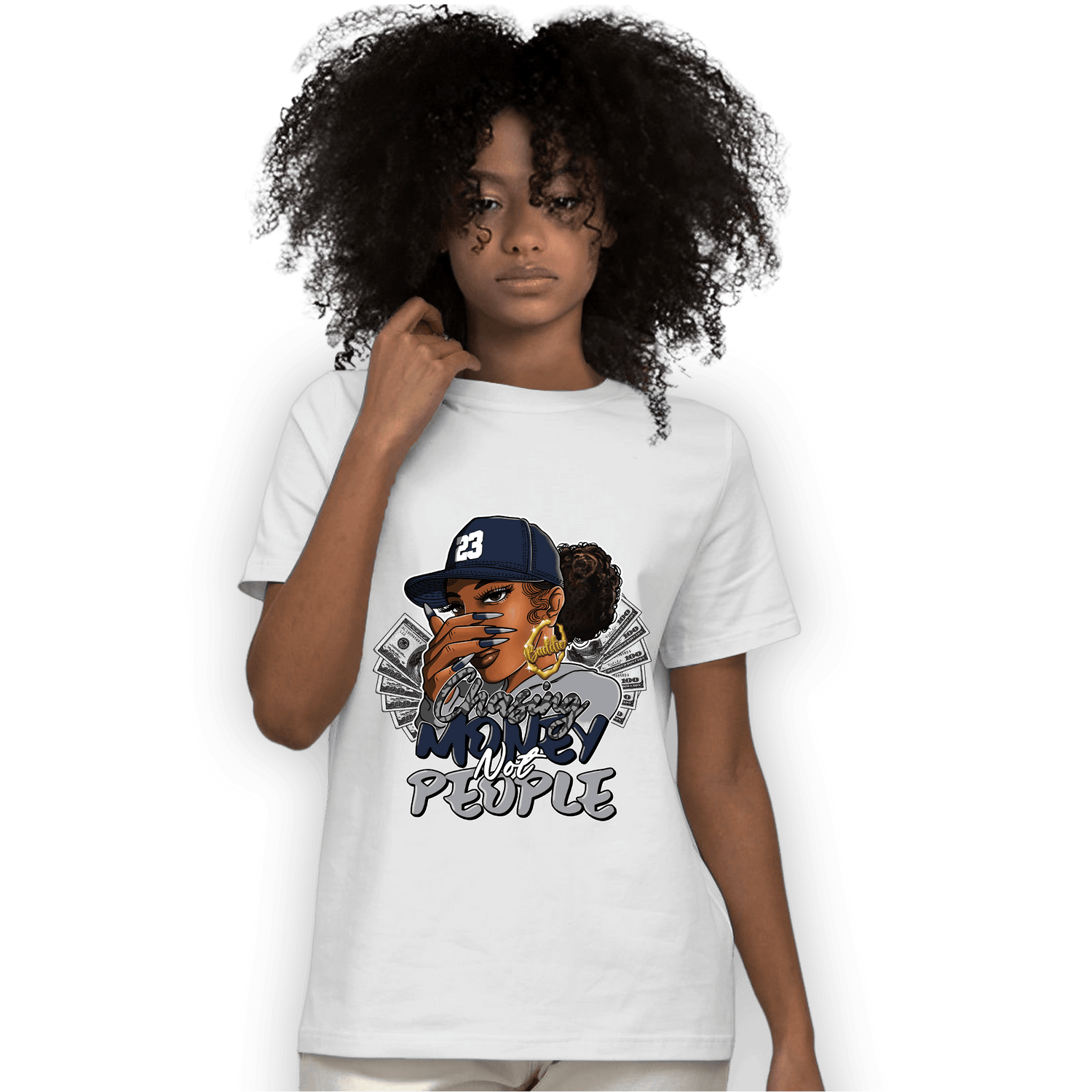 White Navy 3s T Shirt Match Melanin Chasing Money - NastyJamz