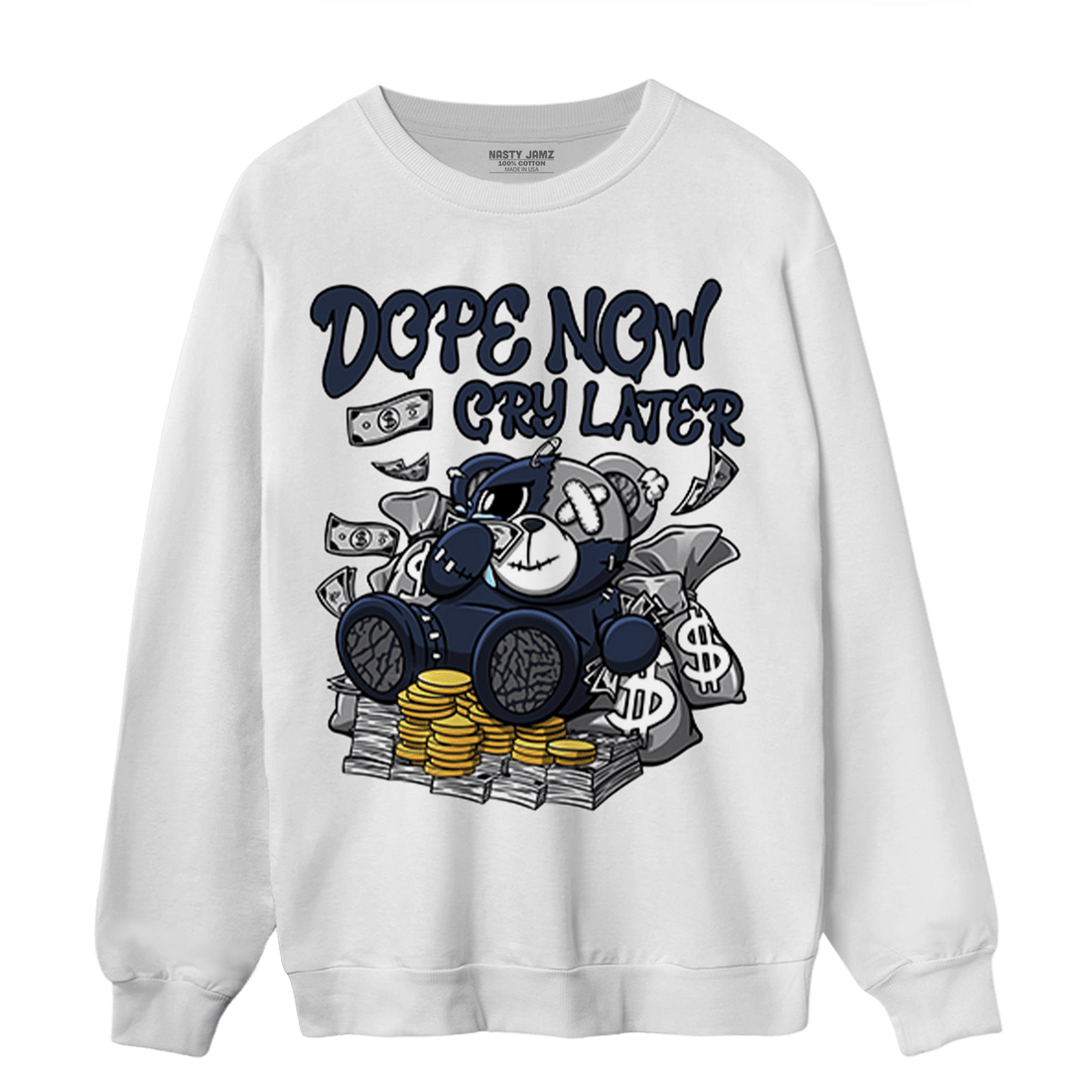 White Navy 3s Sweatshirt Match Money Cry BER - NastyJamz