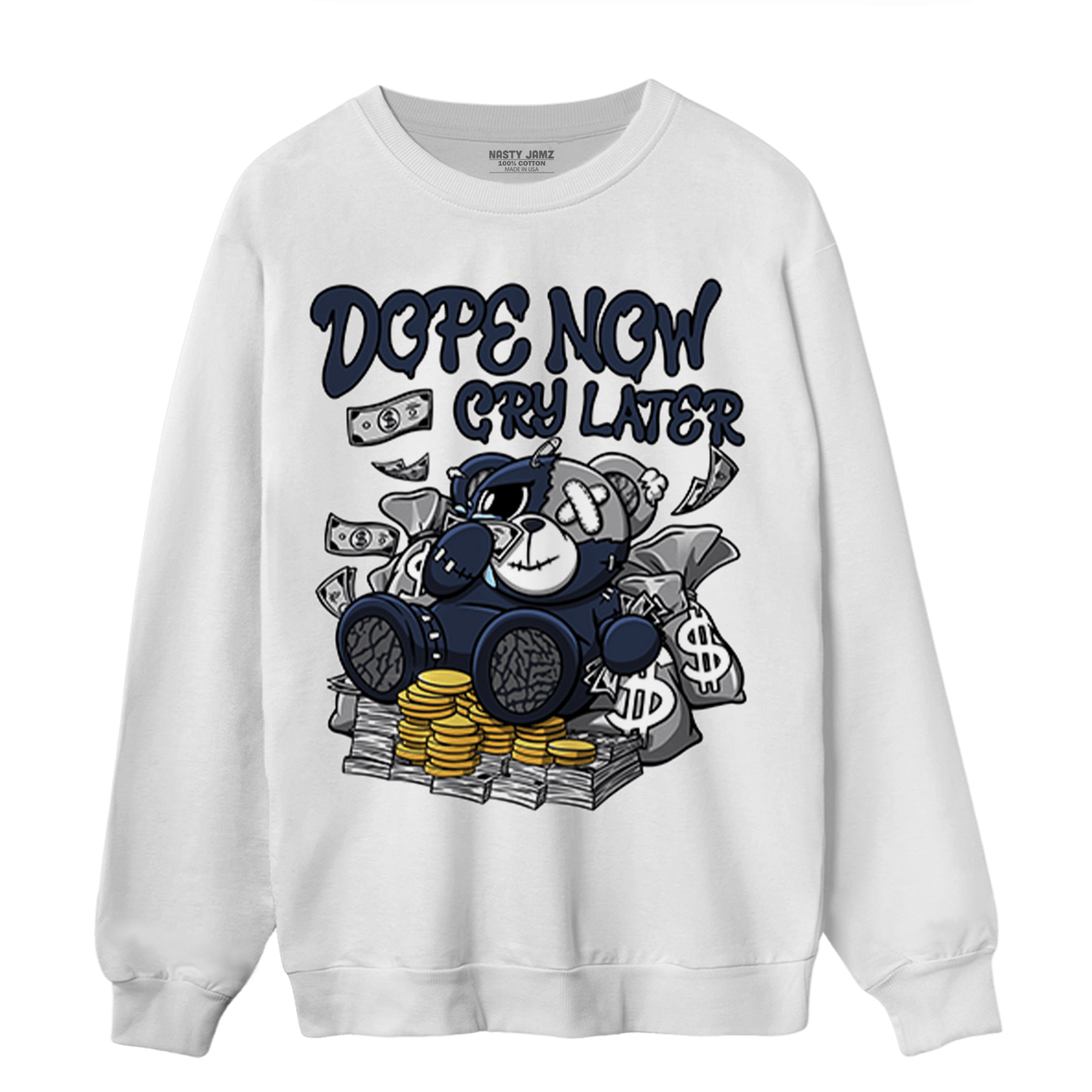 White Navy 3s Sweatshirt Match Money Cry BER - NastyJamz