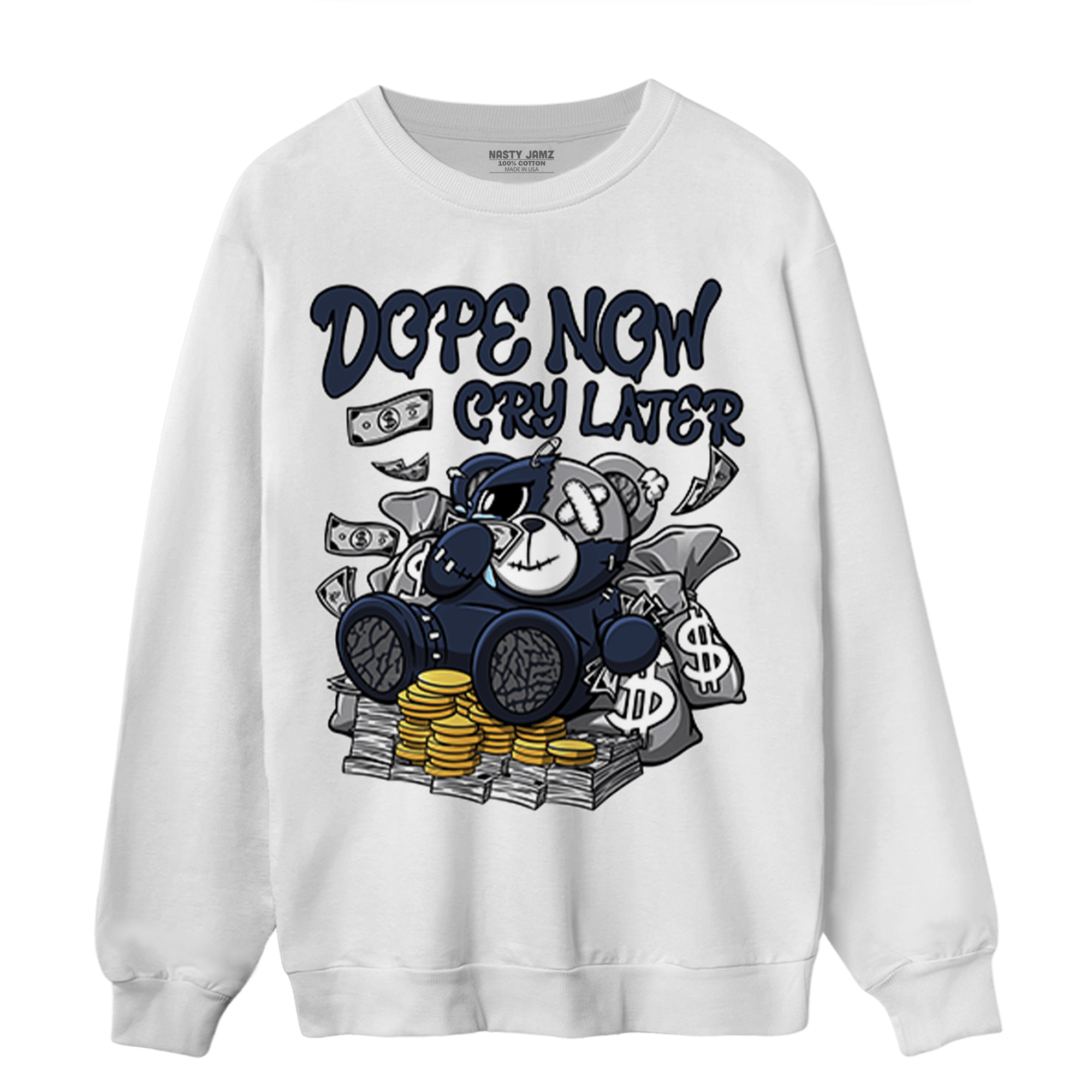 White Navy 3s Sweatshirt Match Money Cry BER - NastyJamz