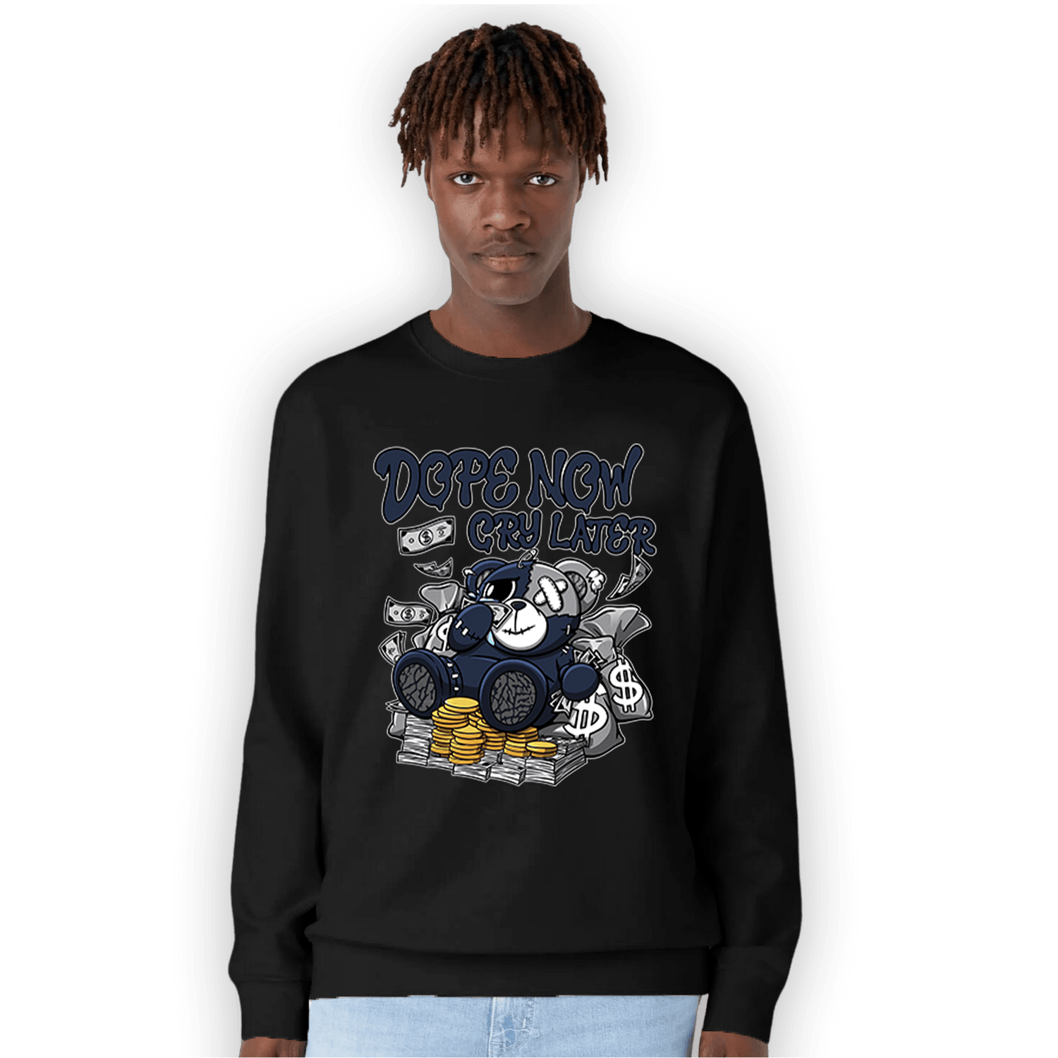 White Navy 3s Sweatshirt Match Money Cry BER - NastyJamz