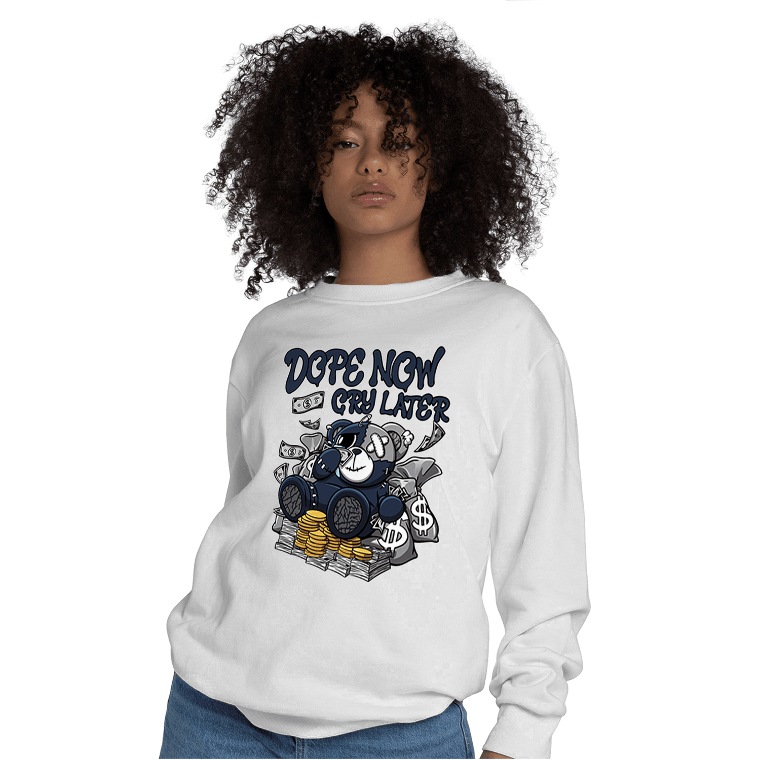 White Navy 3s Sweatshirt Match Money Cry BER - NastyJamz