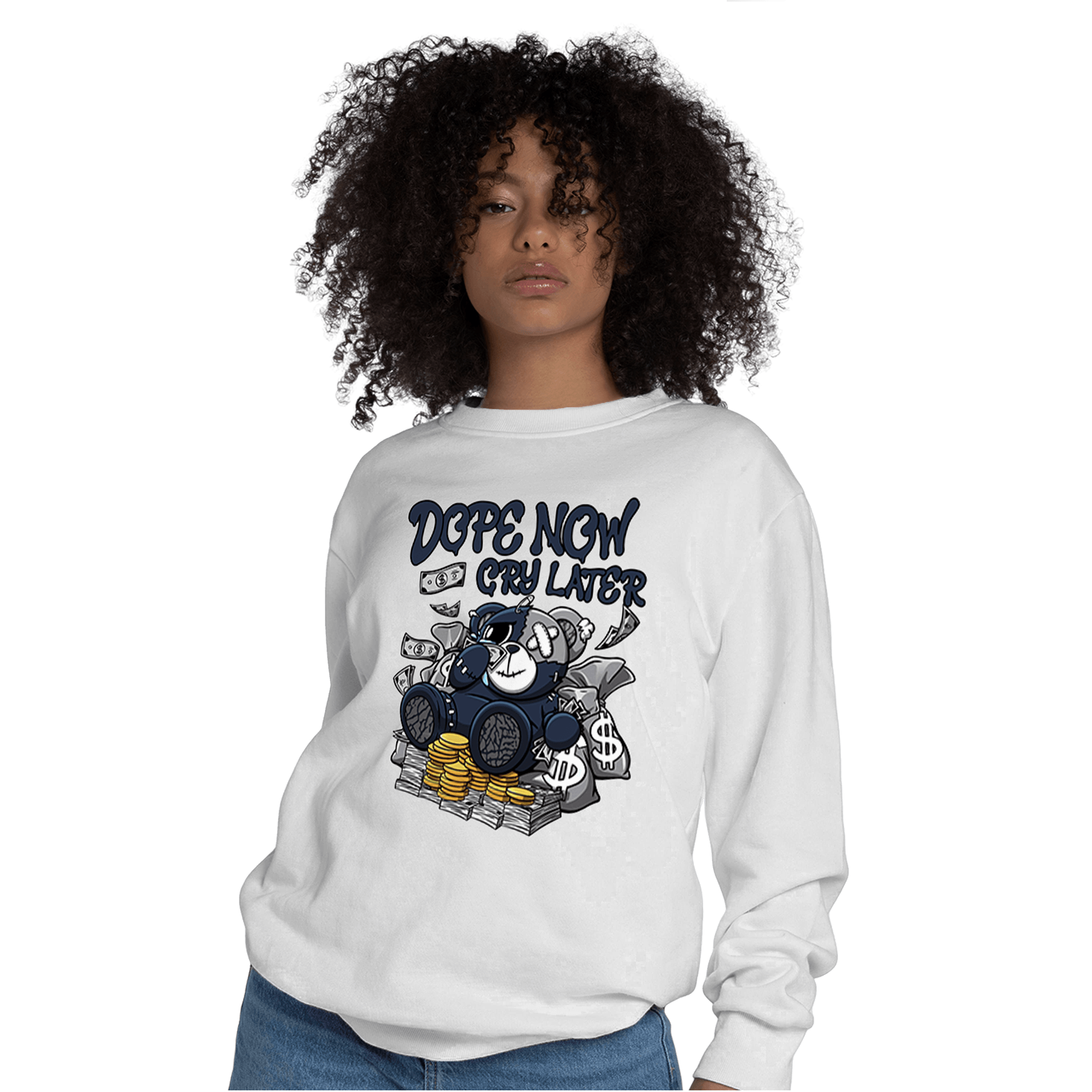 White Navy 3s Sweatshirt Match Money Cry BER - NastyJamz