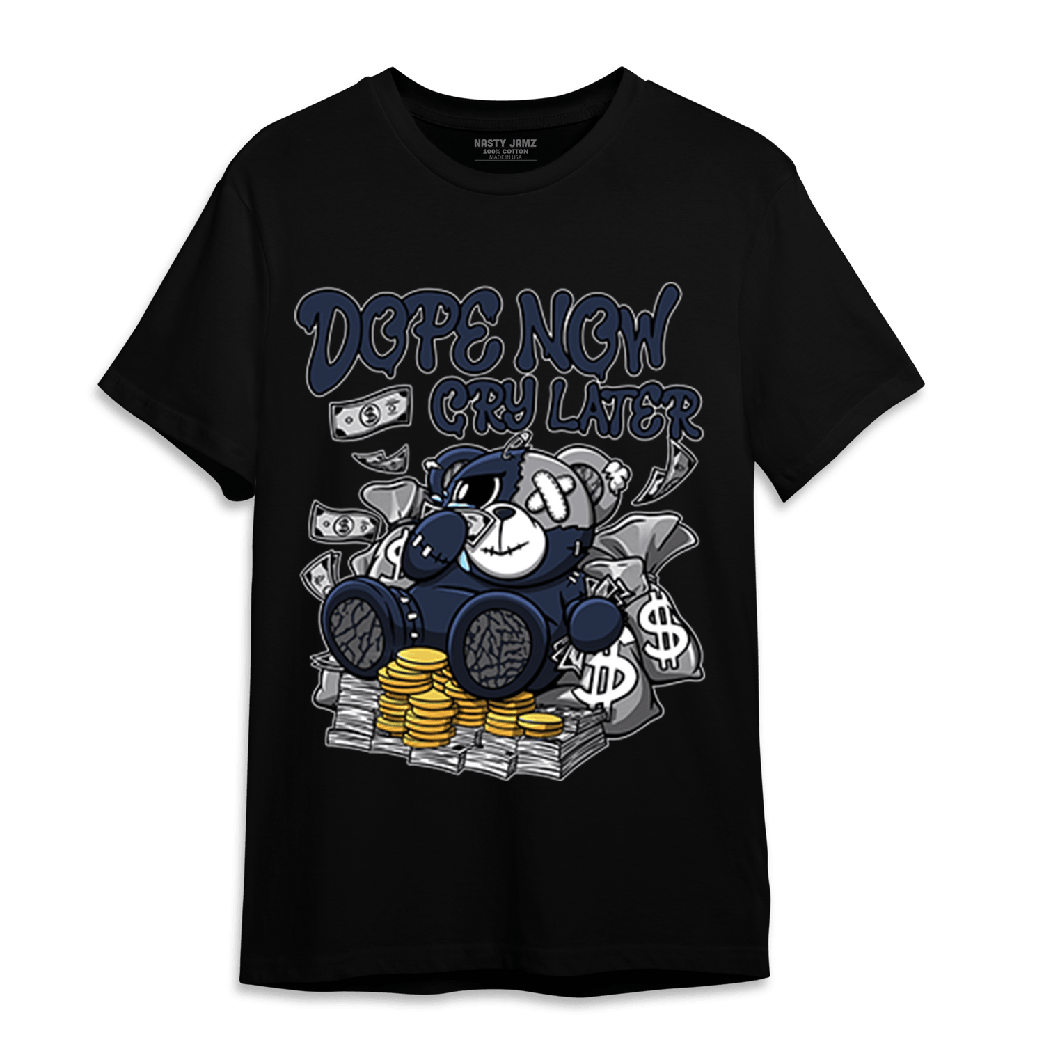 White Navy 3s T Shirt Match Money Cry BER - NastyJamz