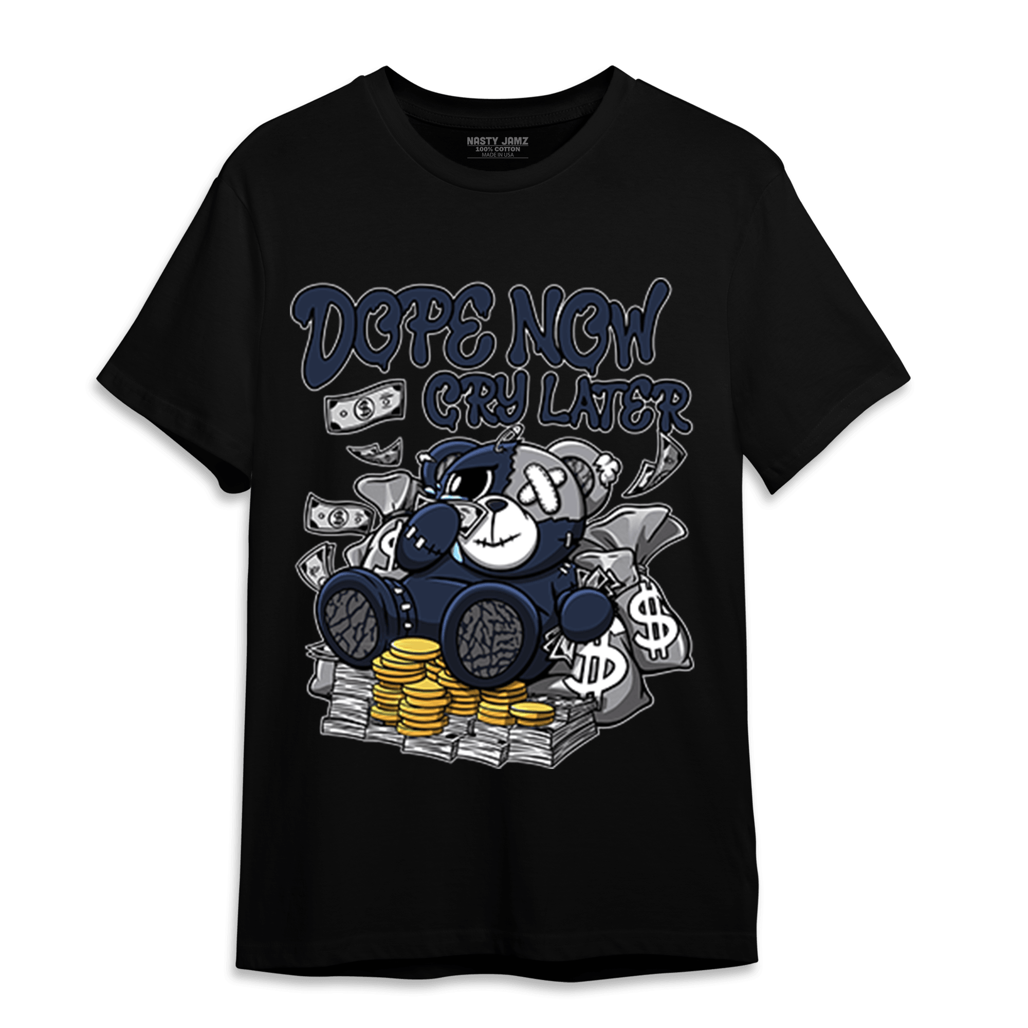 White Navy 3s T Shirt Match Money Cry BER - NastyJamz