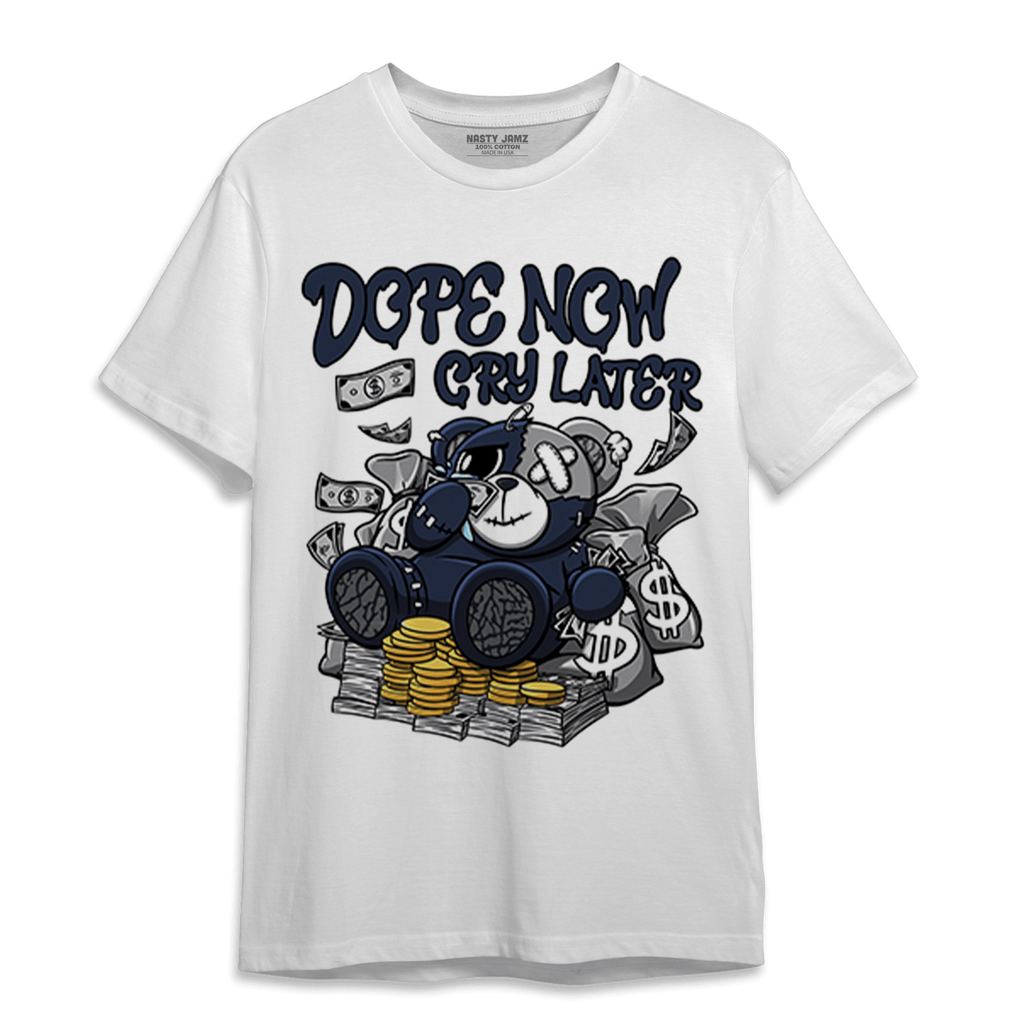 White Navy 3s T Shirt Match Money Cry BER - NastyJamz
