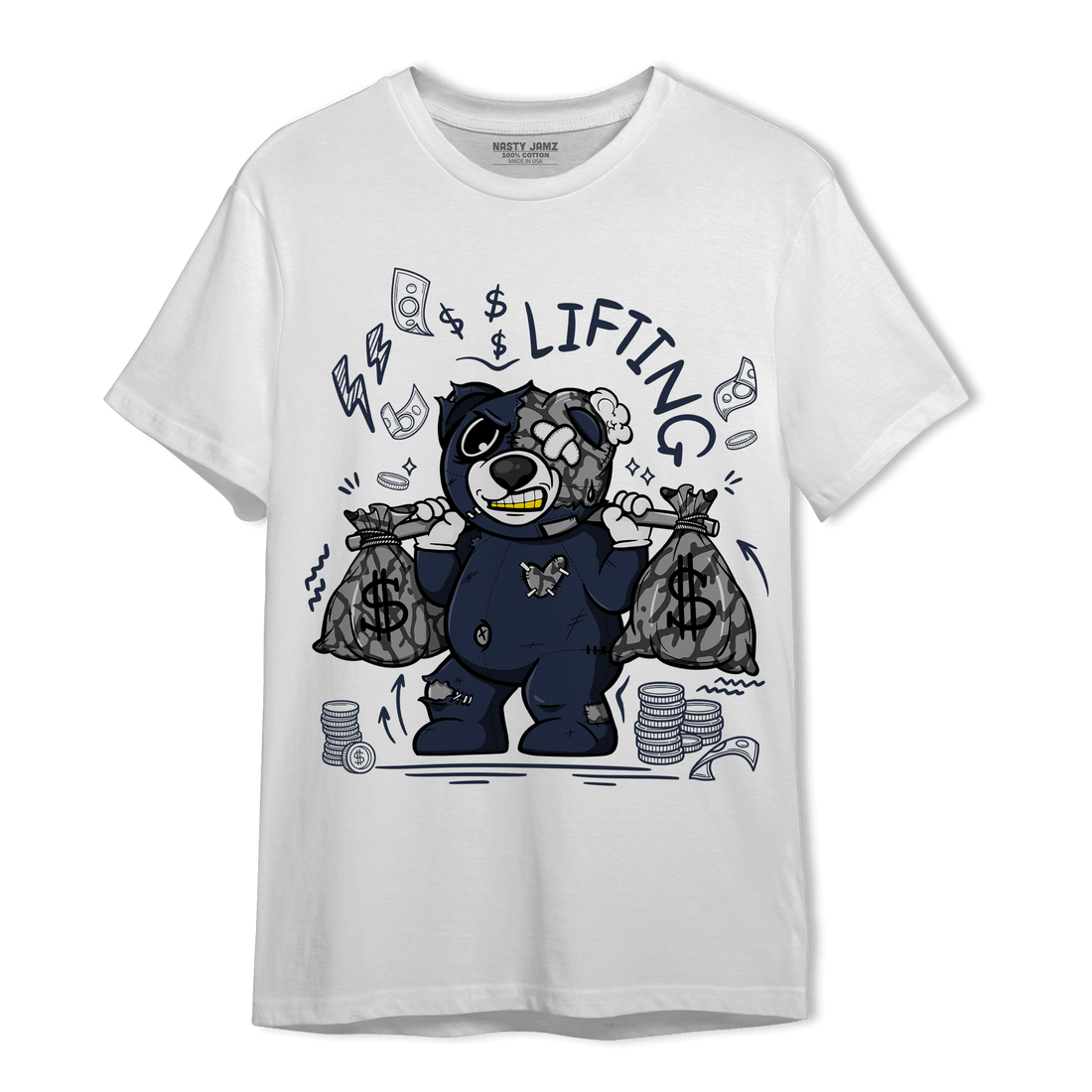 White Navy 3s T Shirt Match Money Lifting BER - NastyJamz