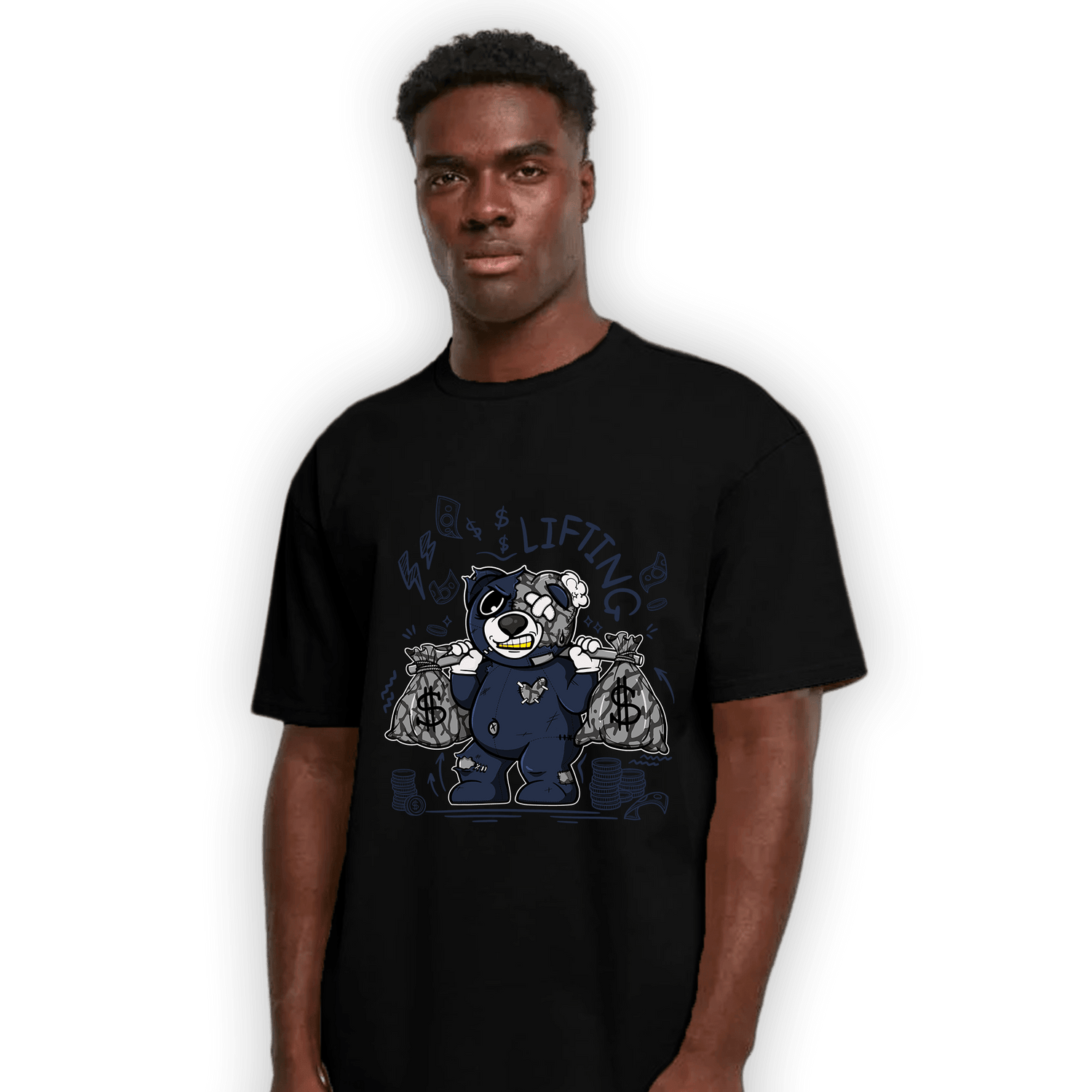 White Navy 3s T Shirt Match Money Lifting BER - NastyJamz