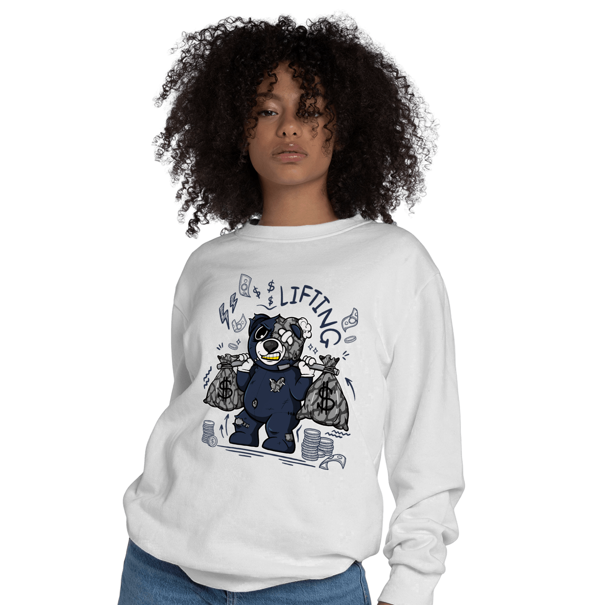 White Navy 3s Sweatshirt Match Money Lifting BER - NastyJamz