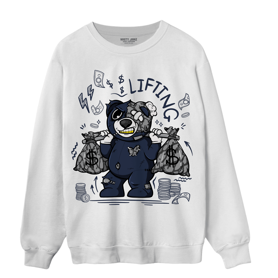 White Navy 3s Sweatshirt Match Money Lifting BER - NastyJamz