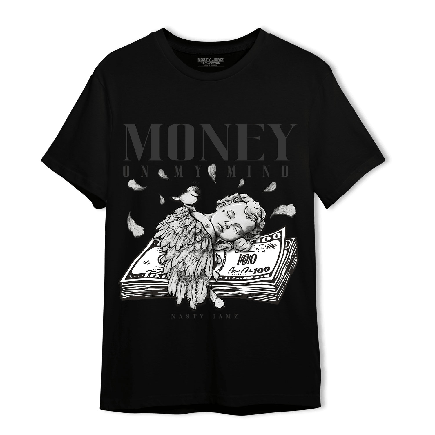 Black White 14s T Shirt Match Money On My Mind Angel - NastyJamz