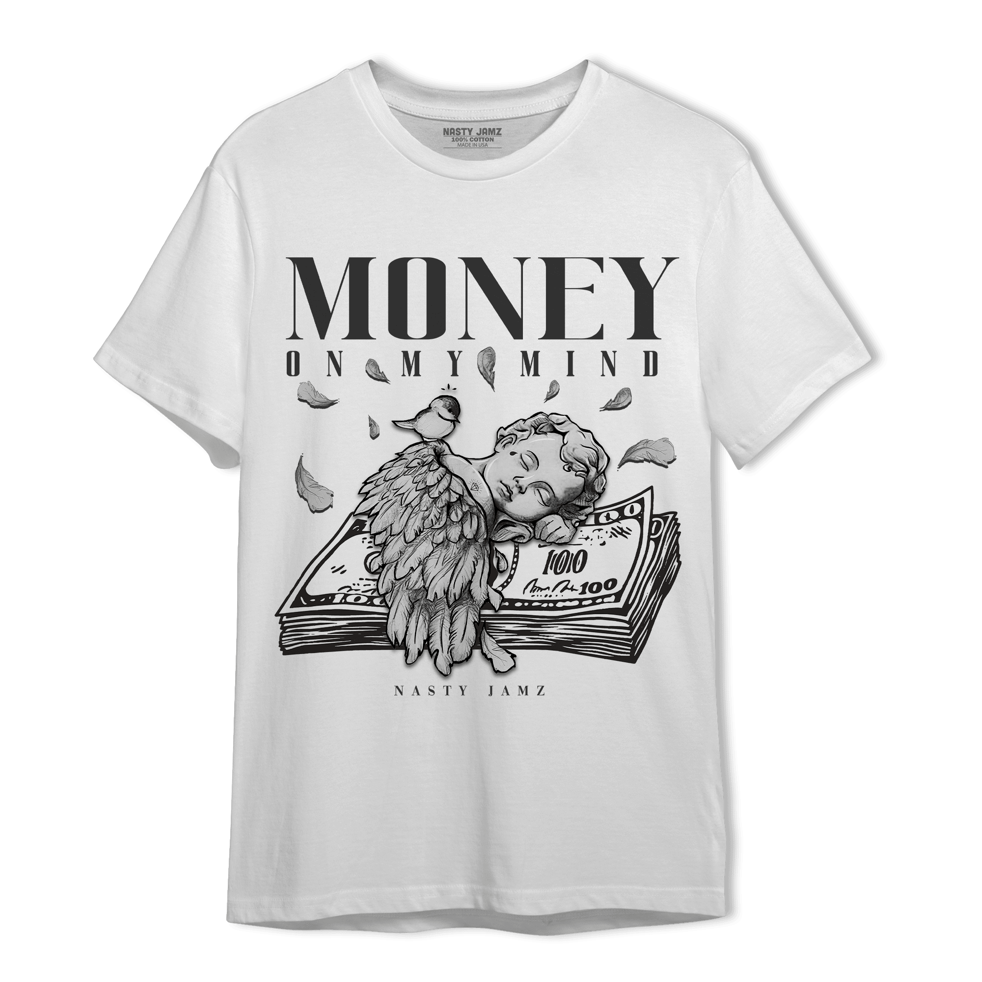 Black White 14s T Shirt Match Money On My Mind Angel - NastyJamz