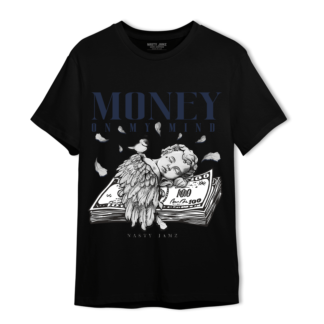 White Navy 3s T Shirt Match Money On My Mind Angel - NastyJamz