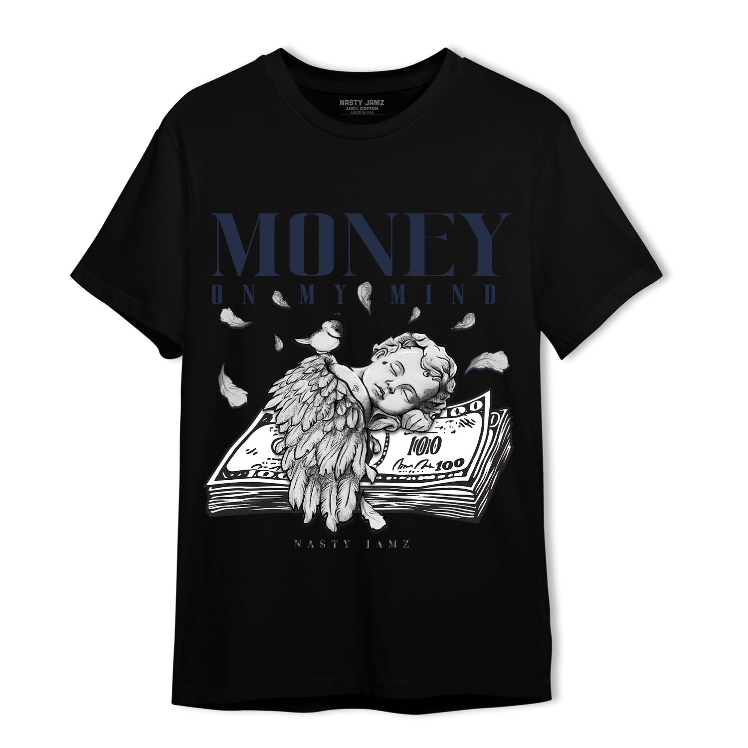 White Navy 3s T Shirt Match Money On My Mind Angel - NastyJamz
