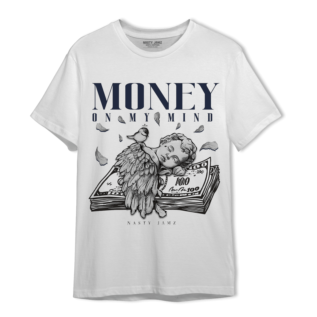 White Navy 3s T Shirt Match Money On My Mind Angel - NastyJamz