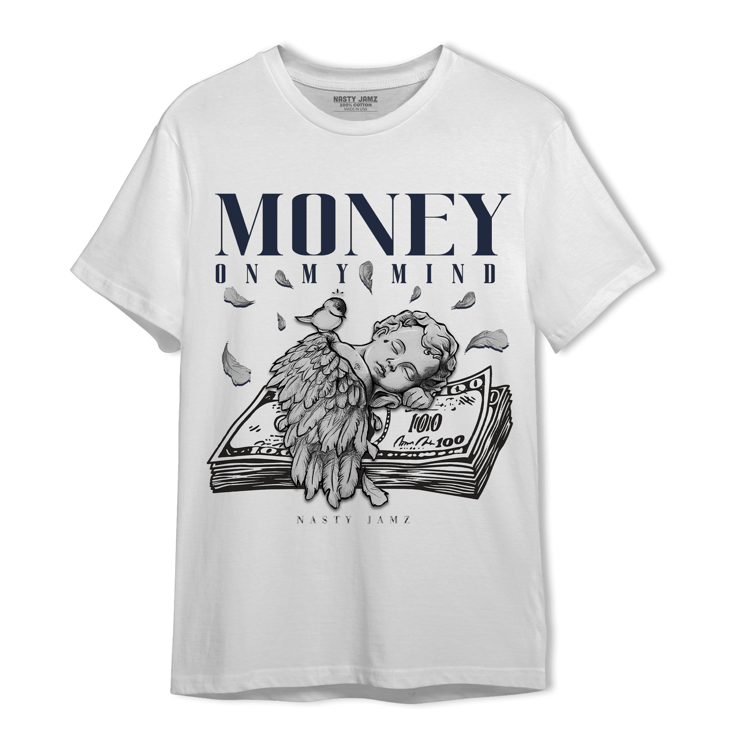 White Navy 3s T Shirt Match Money On My Mind Angel - NastyJamz