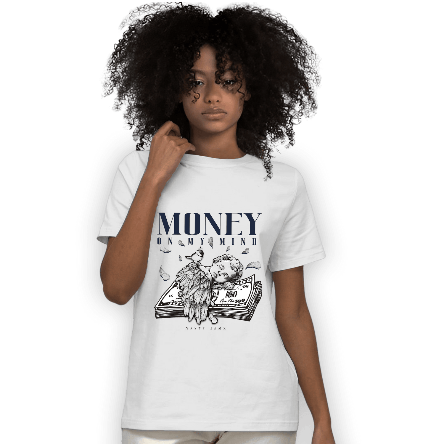 White Navy 3s T Shirt Match Money On My Mind Angel - NastyJamz