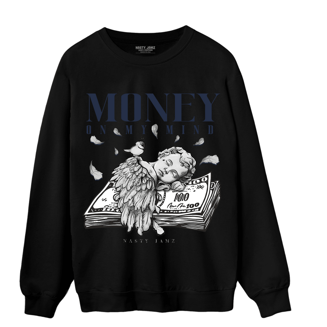 White Navy 3s Sweatshirt Match Money On My Mind Angel - NastyJamz
