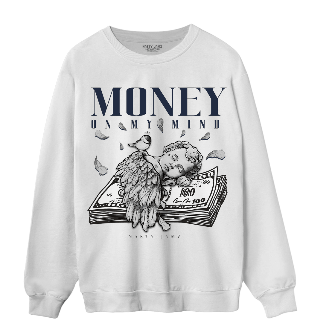 White Navy 3s Sweatshirt Match Money On My Mind Angel - NastyJamz