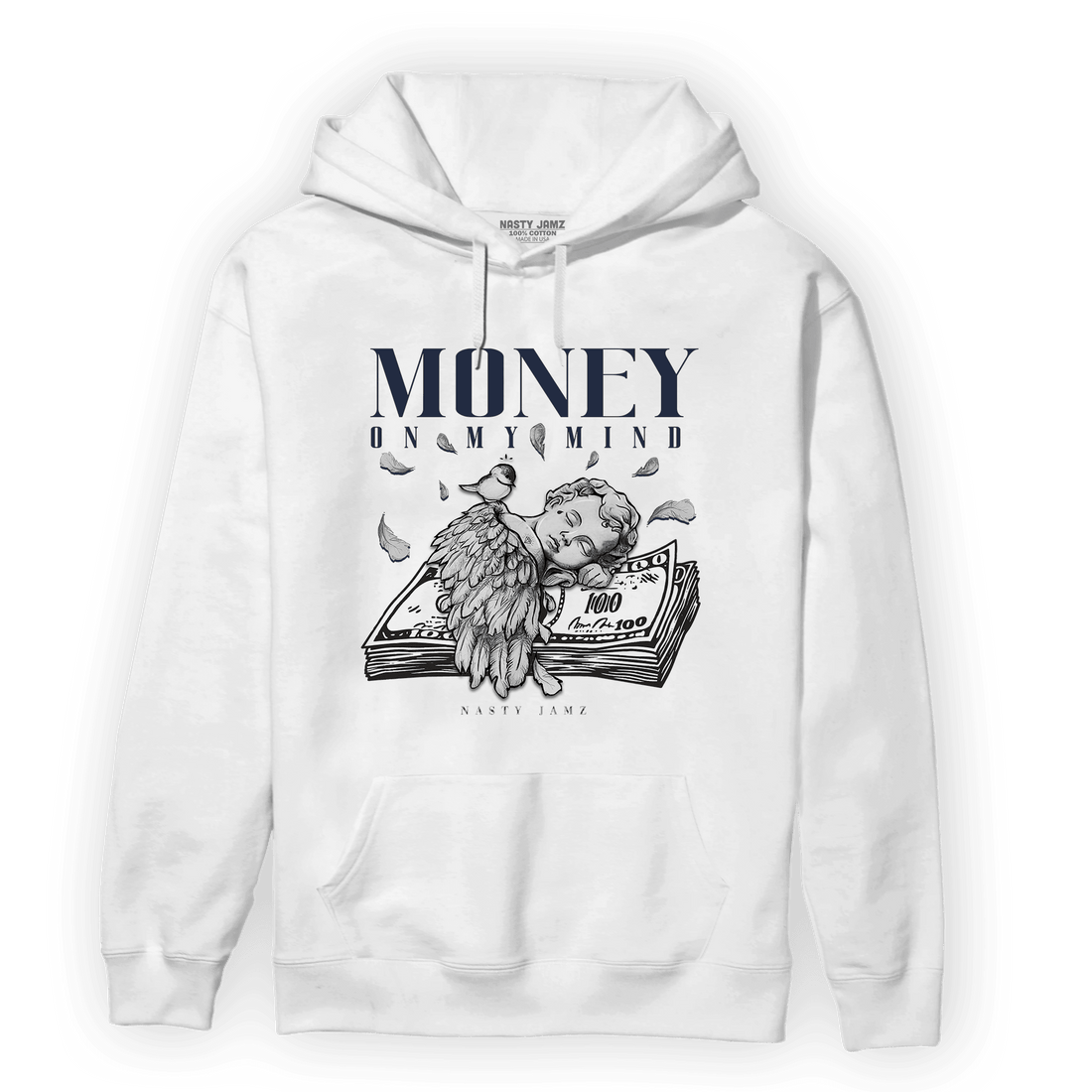 White Navy 3s Hoodie Match Money On My Mind Angel - NastyJamz