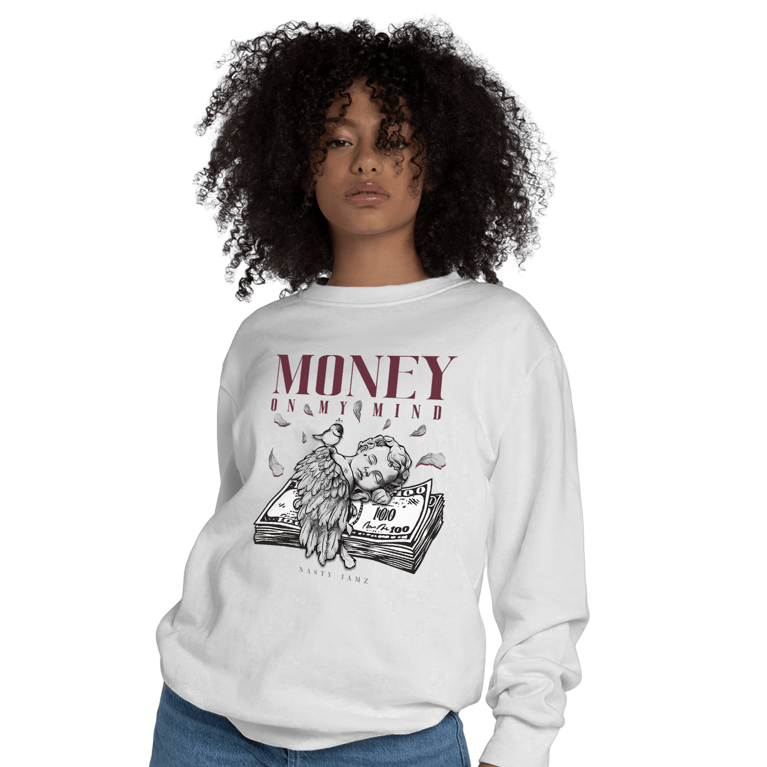 Burgundy 5s Sweatshirt Match Money On My Mind Angel - NastyJamz