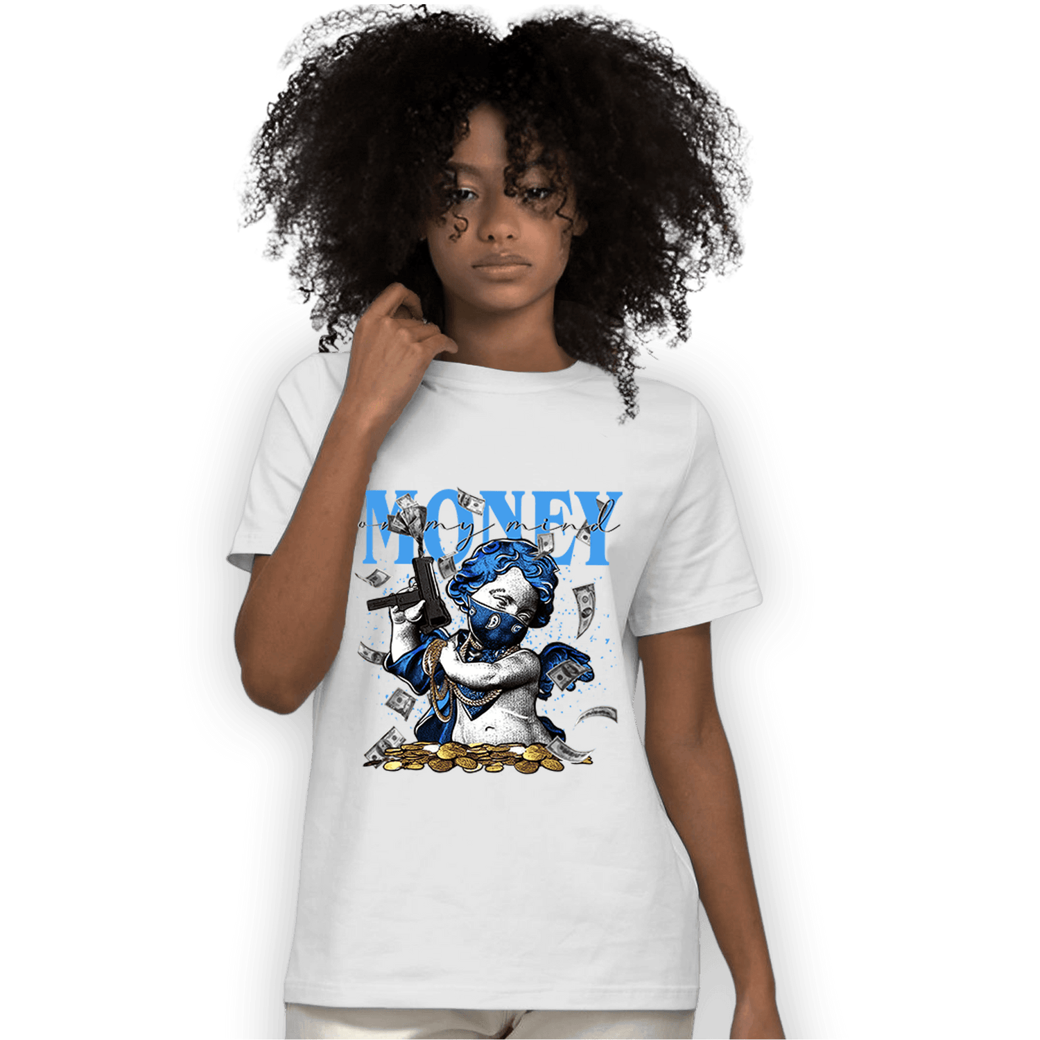 University Blue 5s T Shirt Match Money On My Mine Gang - NastyJamz