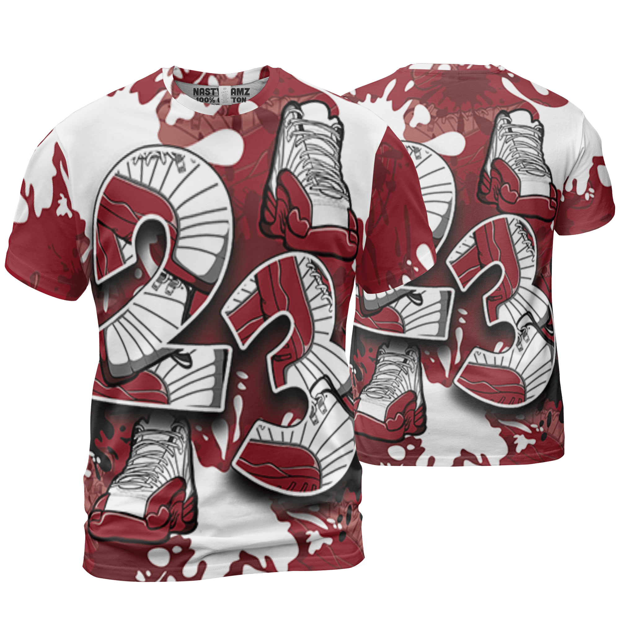 Cherry 12s T Shirt Match Number 23 Paint Too Many Sneakers - NastyJamz