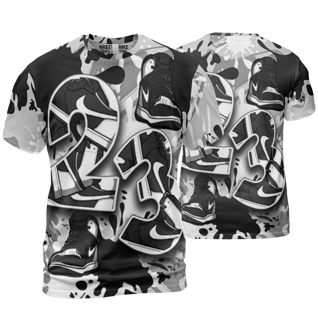 Retro High OG Black White 1s T Shirt Match Number 23 Paint Too Many Sneakers - NastyJamz