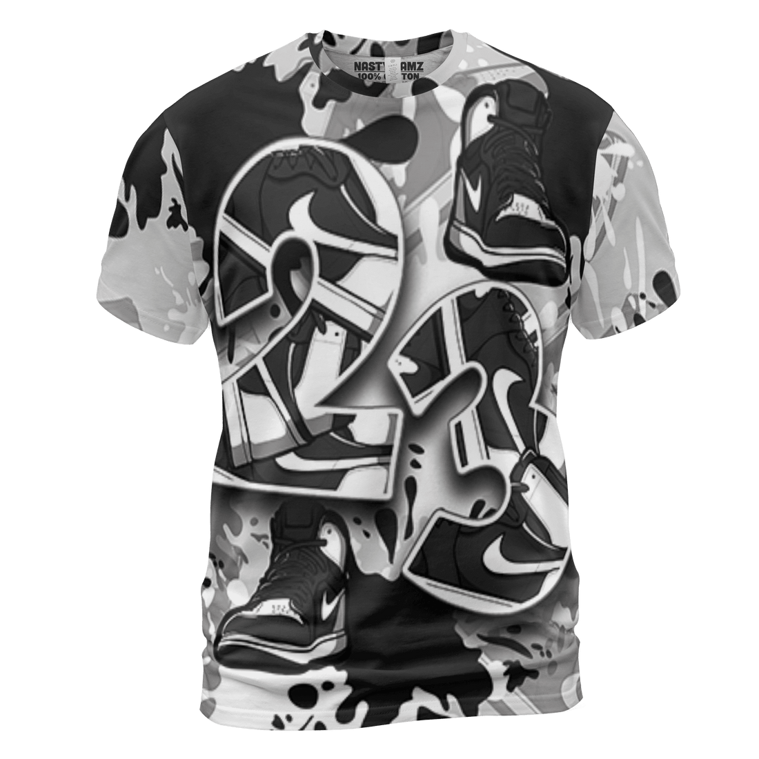 Retro High OG Black White 1s T Shirt Match Number 23 Paint Too Many Sneakers - NastyJamz