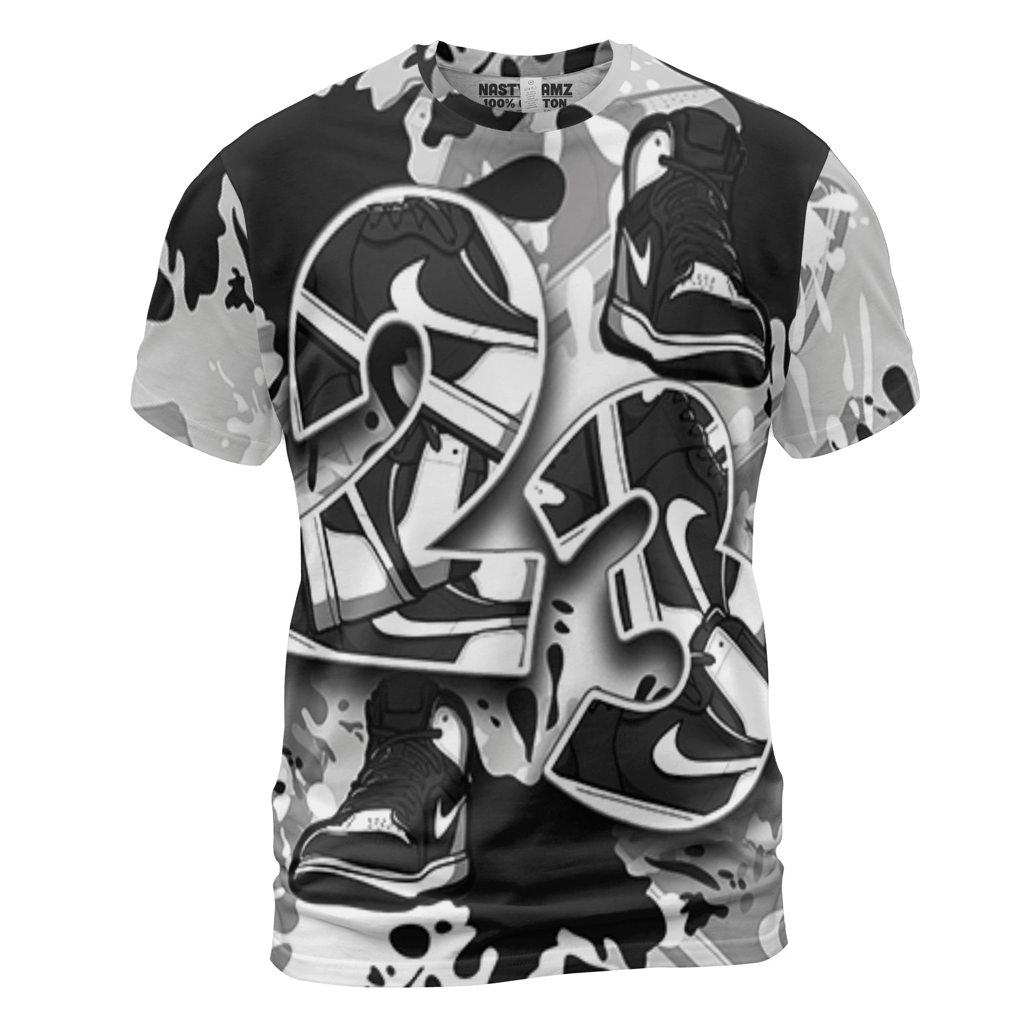 Retro High OG Black White 1s T Shirt Match Number 23 Paint Too Many Sneakers - NastyJamz