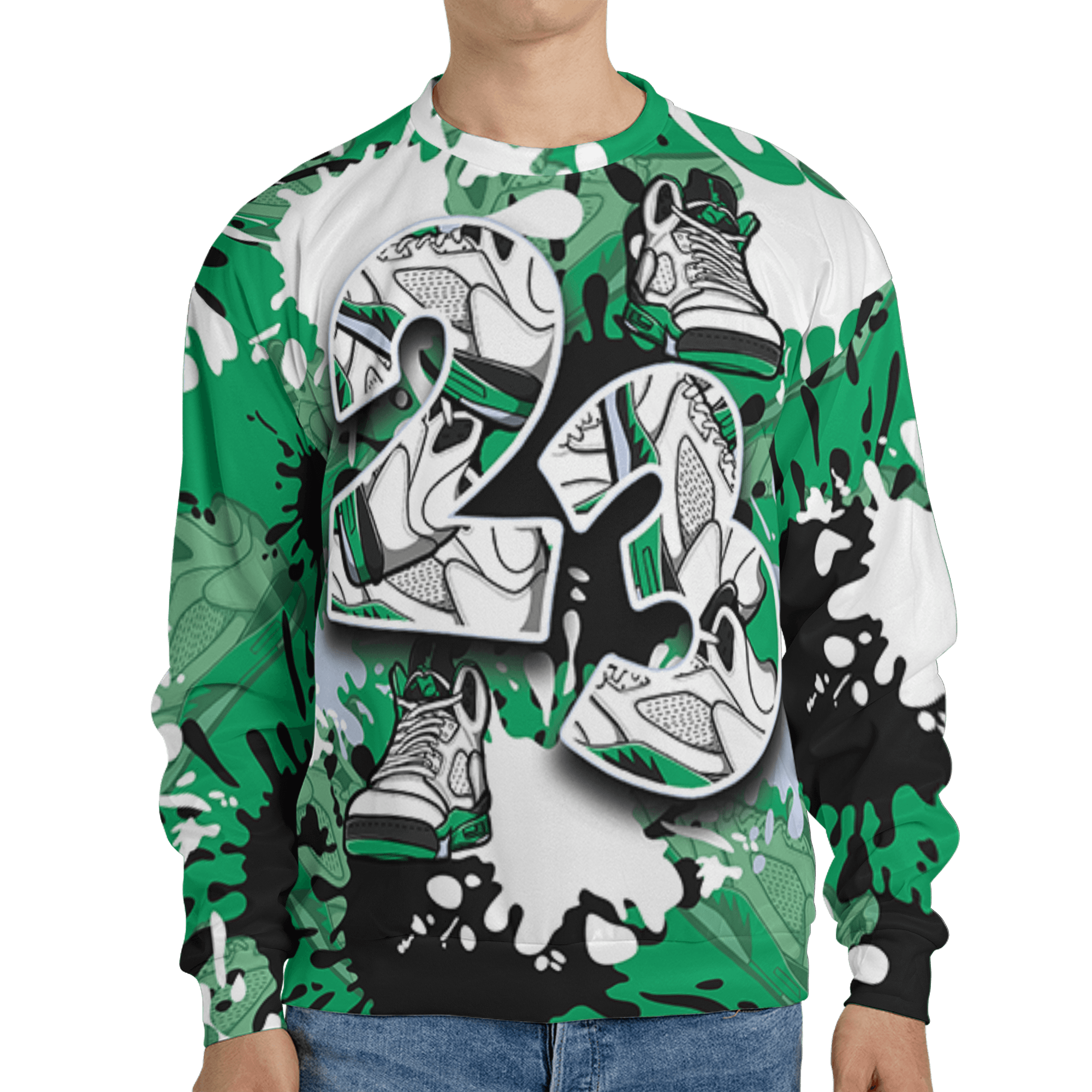 Lucky Green 5s Sweatshirt Match Number 23 Paint Too Many Sneakers - NastyJamz