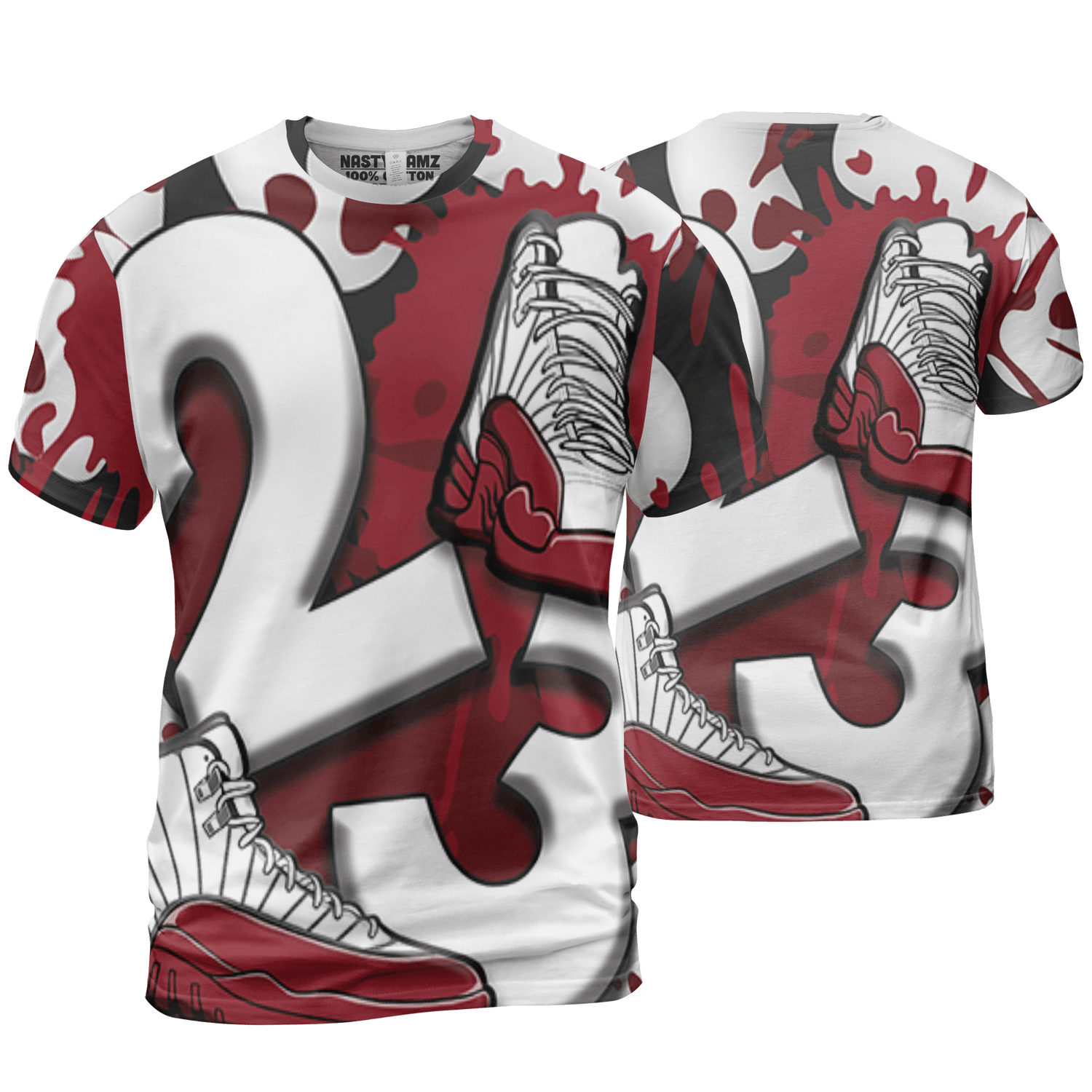 Cherry 12s T Shirt Match Number 23 Paint White Monochrome Ball 3D All-Over Print - NastyJamz