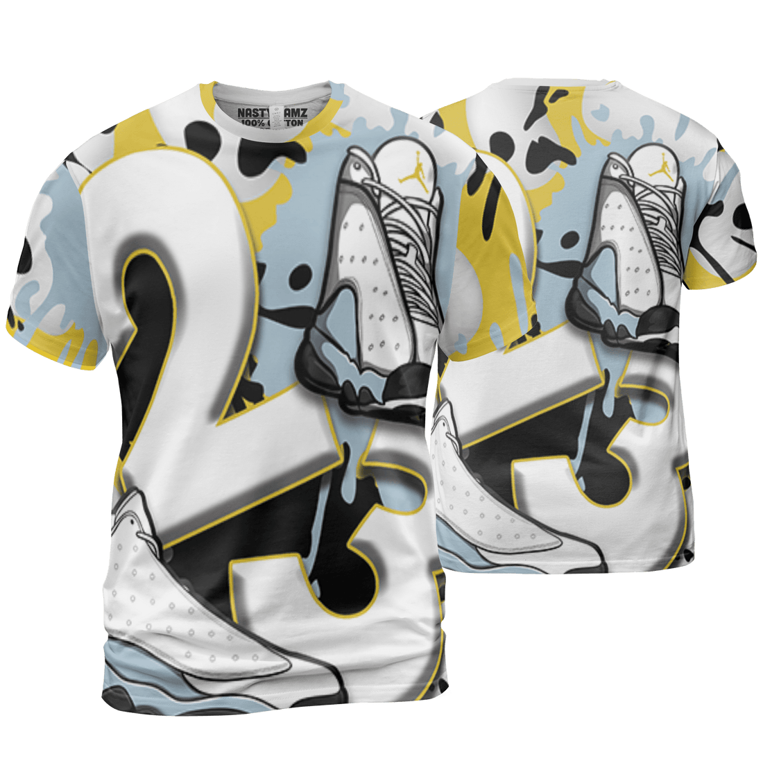 Blue Grey 13s T Shirt Match Number 23 Paint White Monochrome Ball 3D All-Over Print - NastyJamz