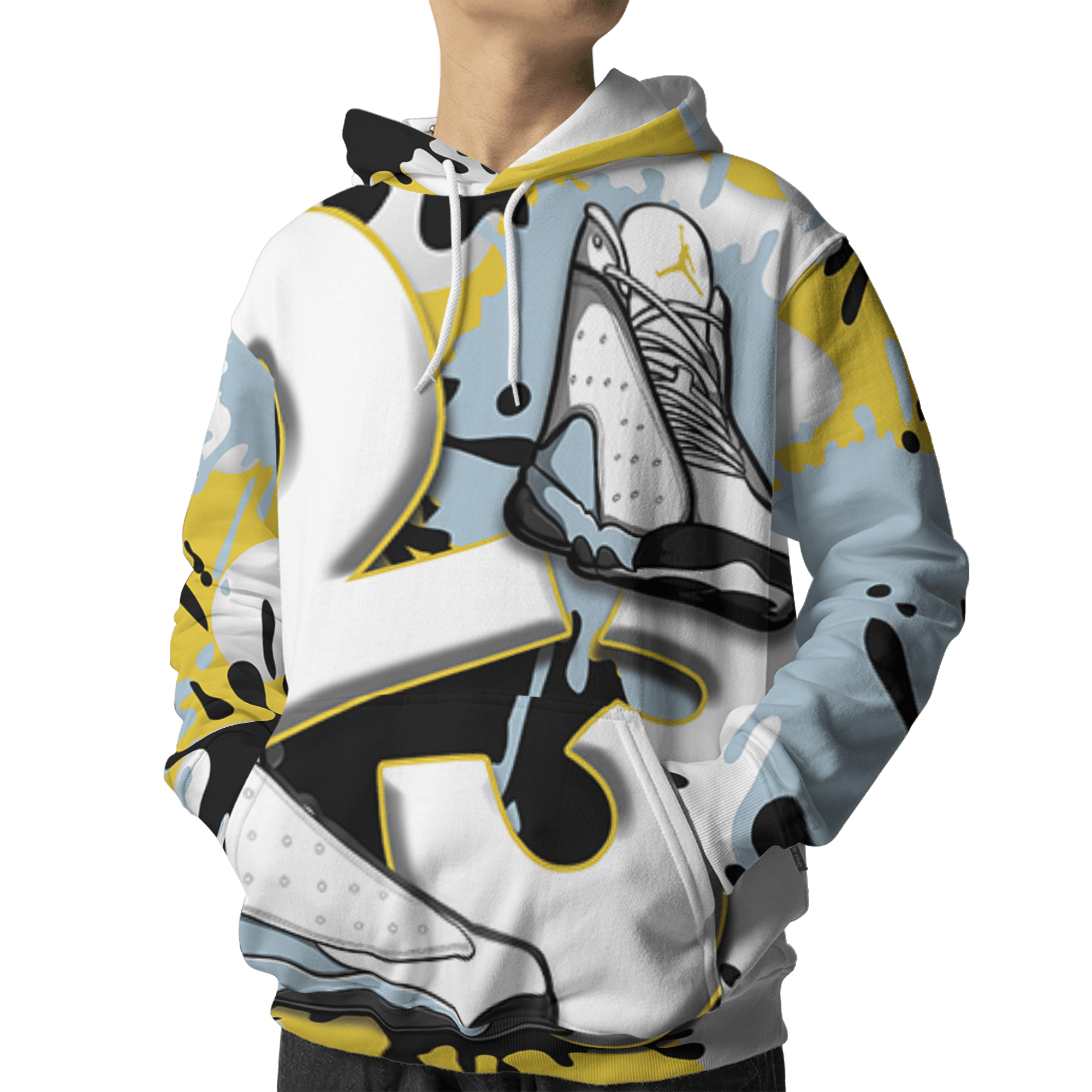 Blue Grey 13s Hoodie Match Number 23 Paint White Monochrome Ball 3D All-Over Print - NastyJamz