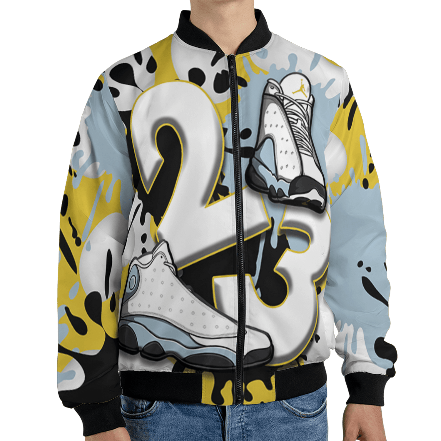 Blue Grey 13s Jacket Match Number 23 Paint White Monochrome Ball 3D All-Over Print - NastyJamz