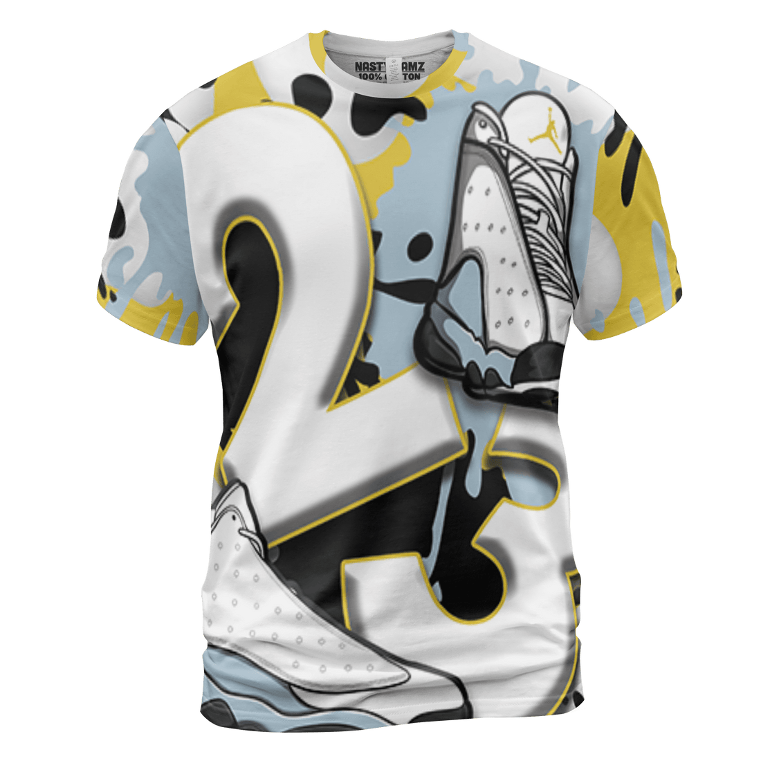Blue Grey 13s T Shirt Match Number 23 Paint White Monochrome Ball 3D All-Over Print - NastyJamz